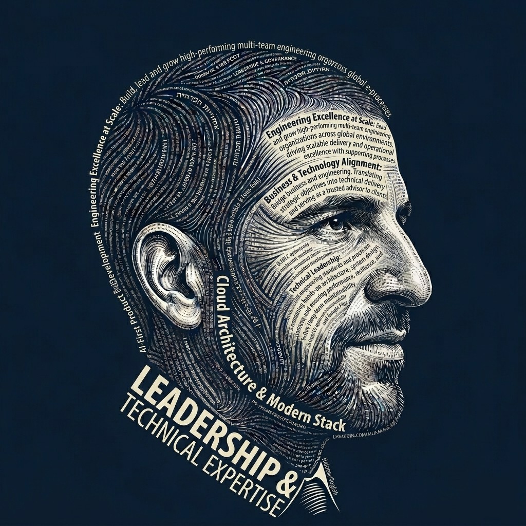 Typographic portrait of Ziv Ish-Shalom drawn from his leadership themes: engineering excellence at scale, business and technology alignment, technical leadership, cloud architecture and modern stack, AI-First product development.